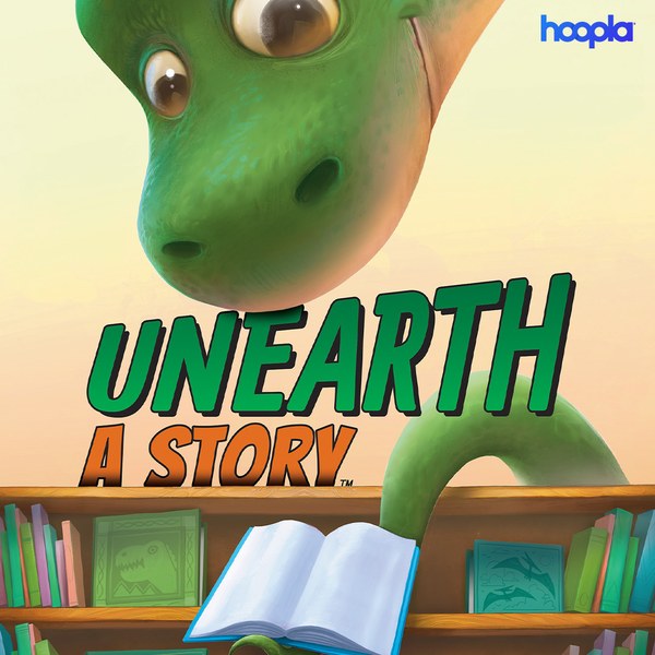 Dinosaur looking at a book displaying summer reading theme of Unearth a Story